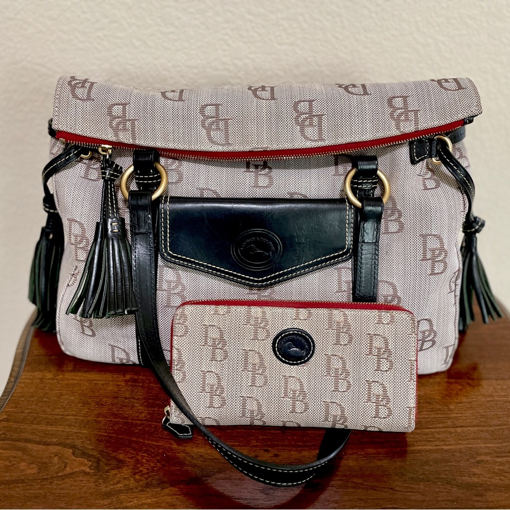 LIKE NEW - Dooney & Bourke Large Tan Canvas & Black Leather Bag + zipper wallet